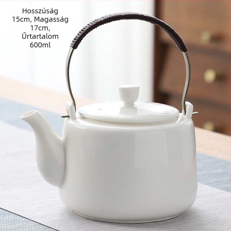 Nagy kapacitású fehér porcelán teáskanna szűrővel és nagy fogantyúval teázáshoz