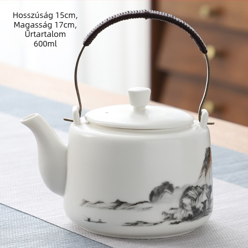 Nagy kapacitású fehér porcelán teáskanna szűrővel és nagy fogantyúval teázáshoz