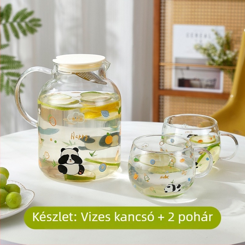 Boroszilikát üvegből készült gyümölcskanna és hidegvíz pohár készlet, hőálló, nagy kapacitású otthoni használatra.