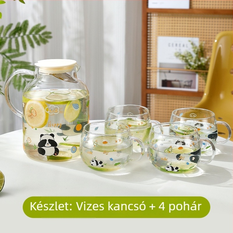 Boroszilikát üvegből készült gyümölcskanna és hidegvíz pohár készlet, hőálló, nagy kapacitású otthoni használatra.