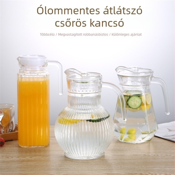 Üveges kancsó csőr alakú kifolyóval, átlátszó, nagy kapacitású, vastagított kivitel, hideg vízhez és gyümölcsléhez, függőleges csíkos mintával
