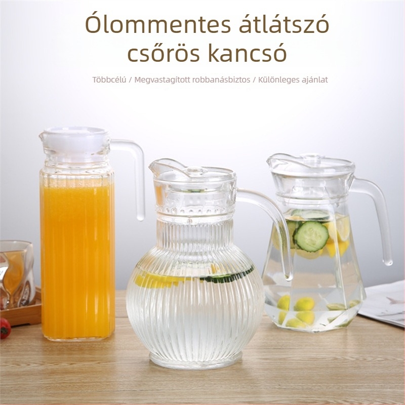 Üveges kancsó csőr alakú kifolyóval, átlátszó, nagy kapacitású, vastagított kivitel, hideg vízhez és gyümölcsléhez, függőleges csíkos mintával