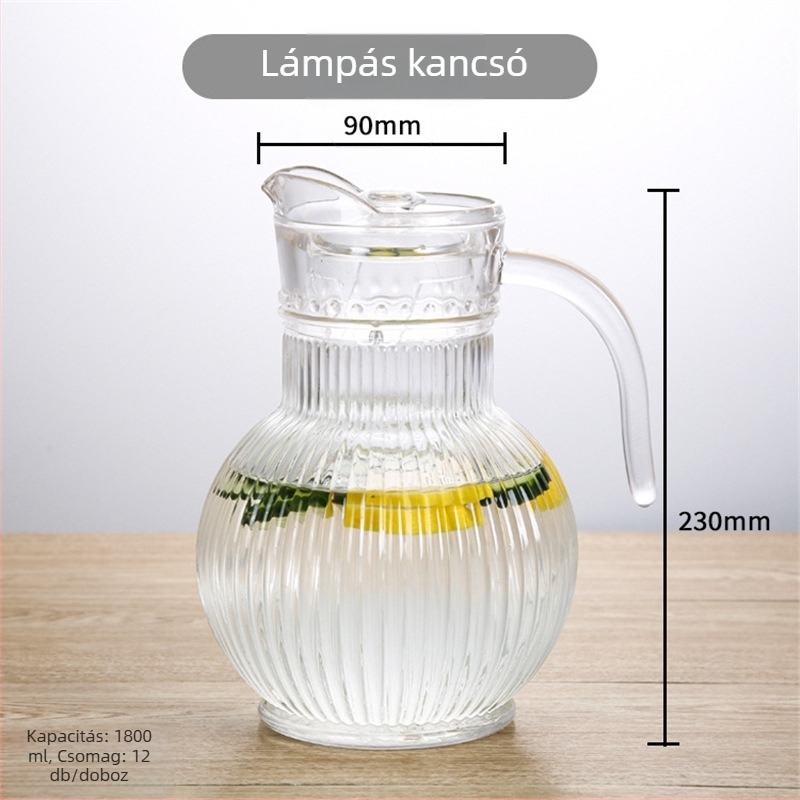 Üveges kancsó csőr alakú kifolyóval, átlátszó, nagy kapacitású, vastagított kivitel, hideg vízhez és gyümölcsléhez, függőleges csíkos mintával