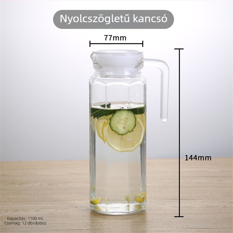 Üveges kancsó csőr alakú kifolyóval, átlátszó, nagy kapacitású, vastagított kivitel, hideg vízhez és gyümölcsléhez, függőleges csíkos mintával