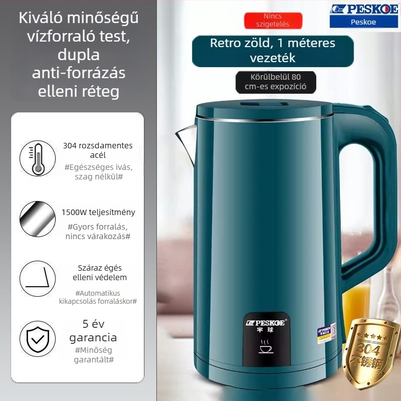 Háztartási 304 rozsdamentes acél elektromos vízforraló, melegen tartás funkcióval, integrált kialakítás, automatikus kikapcsolás, nagy kapacitás, állítható hőmérséklet