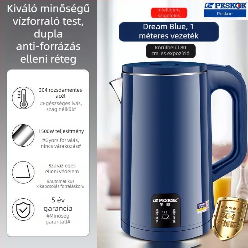 Háztartási 304 rozsdamentes acél elektromos vízforraló, melegen tartás funkcióval, integrált kialakítás, automatikus kikapcsolás, nagy kapacitás, állítható hőmérséklet