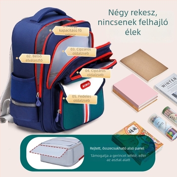 Brit-stílusú általános iskolai hátizsák gyerekeknek, vízlepergető, gerinc- és deréktámasz, nagy kapacitású, Oxford anyag