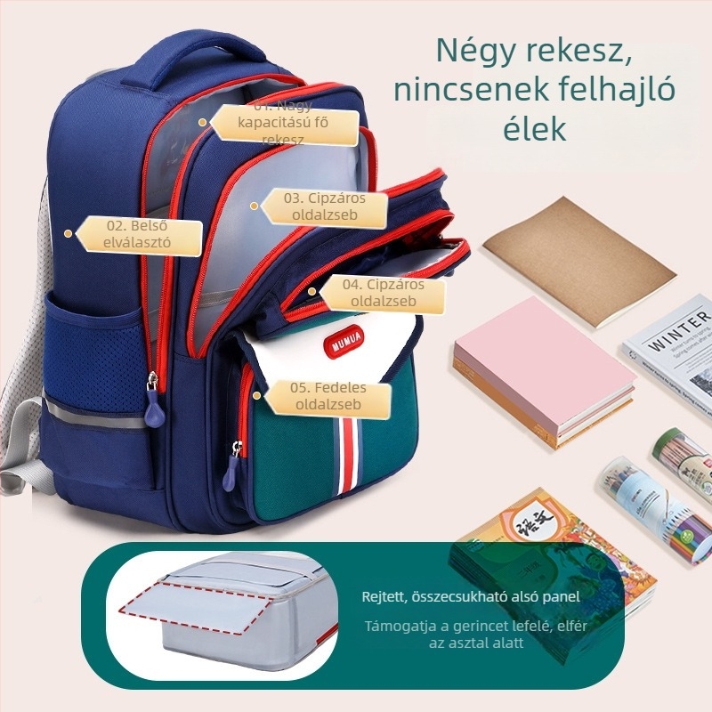 Brit-stílusú általános iskolai hátizsák gyerekeknek, vízlepergető, gerinc- és deréktámasz, nagy kapacitású, Oxford anyag