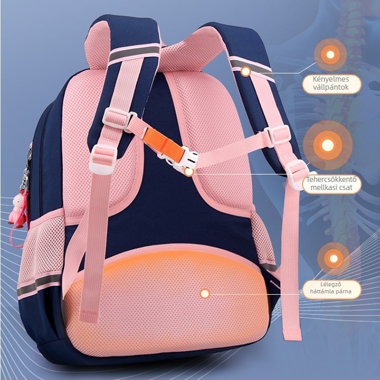 Könnyű, nagy kapacitású ergonomikus iskolai hátizsák alsósiskolások számára, lélegző nylonból, gerincvédő, uniszex, egyszínű
