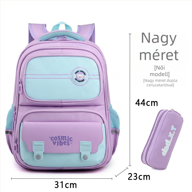 Könnyű, nagy kapacitású ergonomikus iskolai hátizsák alsósiskolások számára, lélegző nylonból, gerincvédő, uniszex, egyszínű
