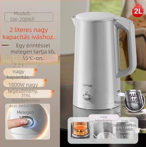 Supor 2,2 L rozsdamentes acél elektromos vízforraló, szigeteléssel és automatikus kikapcsolással