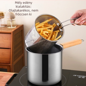 Vastagított rozsdamentes acélból készült többfunkciós lábas készlet: fritőz, leveses lábas, mély lábas, tejfőző edény és kis serpenyő