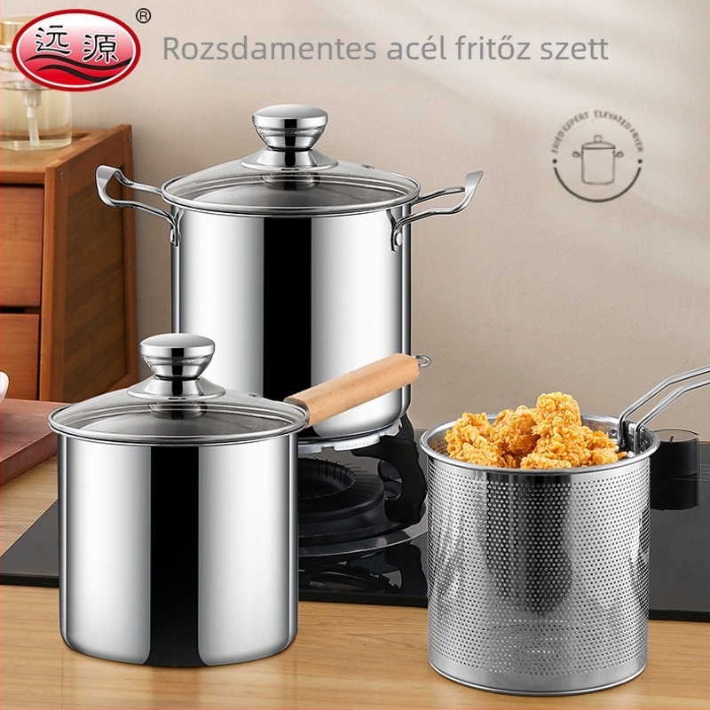 Vastagított rozsdamentes acélból készült többfunkciós lábas készlet: fritőz, leveses lábas, mély lábas, tejfőző edény és kis serpenyő