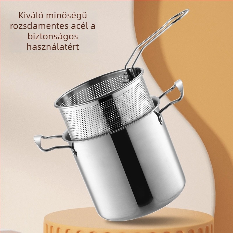 Vastagított rozsdamentes acélból készült többfunkciós lábas készlet: fritőz, leveses lábas, mély lábas, tejfőző edény és kis serpenyő
