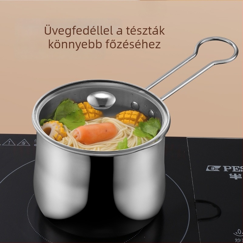 Vastagított rozsdamentes acélból készült többfunkciós lábas készlet: fritőz, leveses lábas, mély lábas, tejfőző edény és kis serpenyő