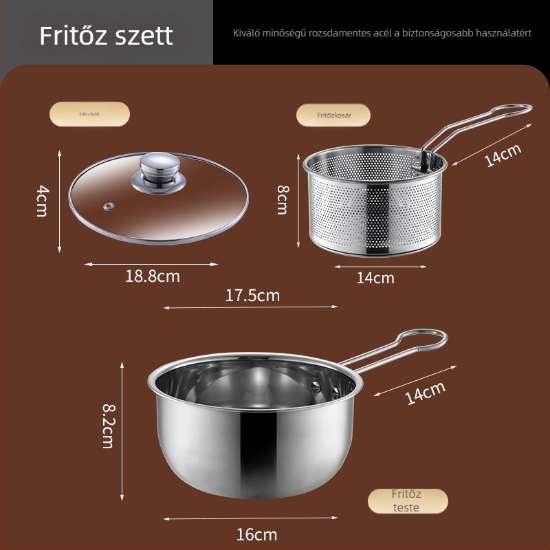 Vastagított rozsdamentes acélból készült többfunkciós lábas készlet: fritőz, leveses lábas, mély lábas, tejfőző edény és kis serpenyő