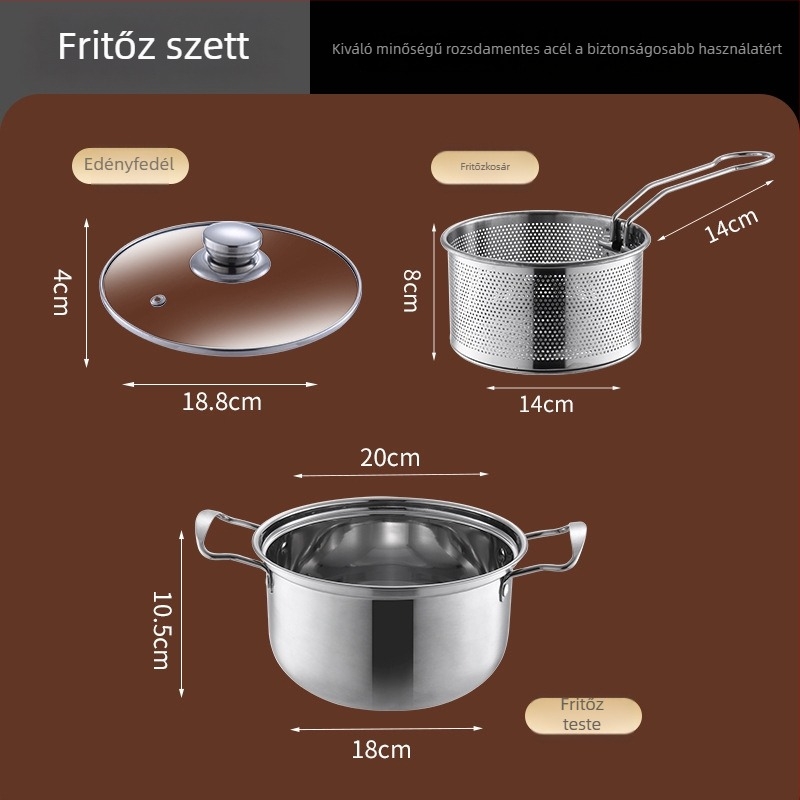 Vastagított rozsdamentes acélból készült többfunkciós lábas készlet: fritőz, leveses lábas, mély lábas, tejfőző edény és kis serpenyő