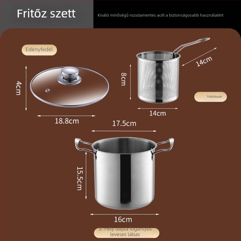 Vastagított rozsdamentes acélból készült többfunkciós lábas készlet: fritőz, leveses lábas, mély lábas, tejfőző edény és kis serpenyő