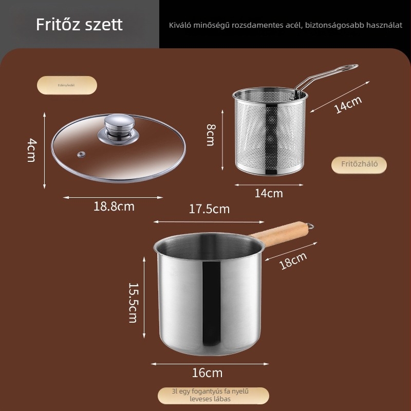 Vastagított rozsdamentes acélból készült többfunkciós lábas készlet: fritőz, leveses lábas, mély lábas, tejfőző edény és kis serpenyő