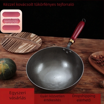Kézzel készített, bevonat nélküli kis vaslábas tejhez, tükörfényes felülettel, forró kovácsoltvasból