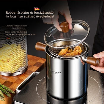 304 rozsdamentes acél fritőz tál szűrővel, kompakt mélyfazék otthoni használatra