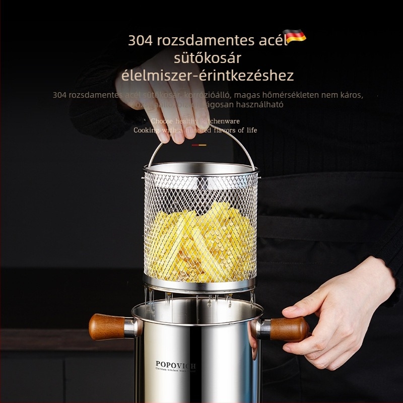 304 rozsdamentes acél fritőz tál szűrővel, kompakt mélyfazék otthoni használatra