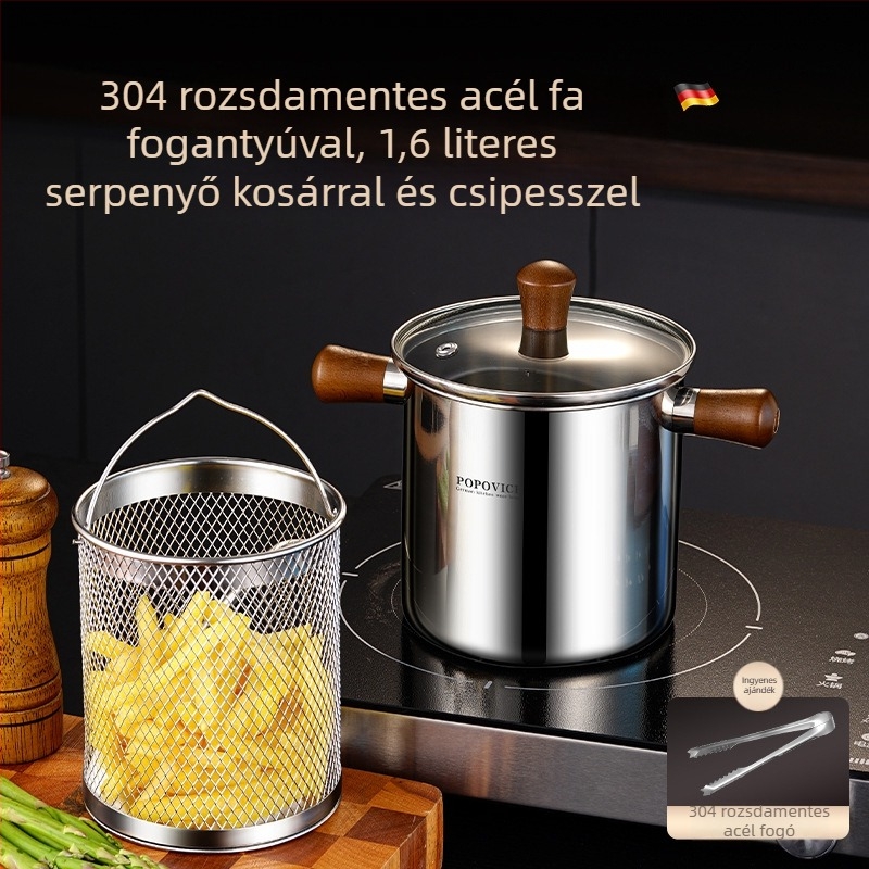 304 rozsdamentes acél fritőz tál szűrővel, kompakt mélyfazék otthoni használatra