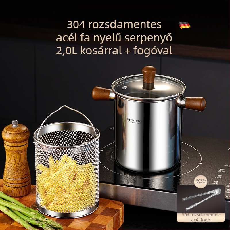 304 rozsdamentes acél fritőz tál szűrővel, kompakt mélyfazék otthoni használatra