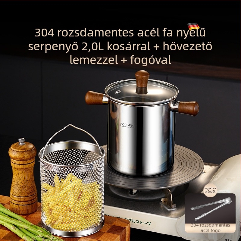 304 rozsdamentes acél fritőz tál szűrővel, kompakt mélyfazék otthoni használatra