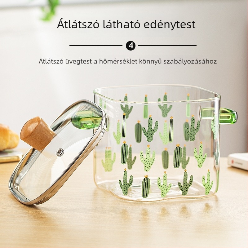 Bevonat nélküli tejpot boroszilikát üvegből, dupla fogantyúval, átlátszó kaktusz formájú dizájn, nagy kapacitású konyhai edény fedővel, hőálló