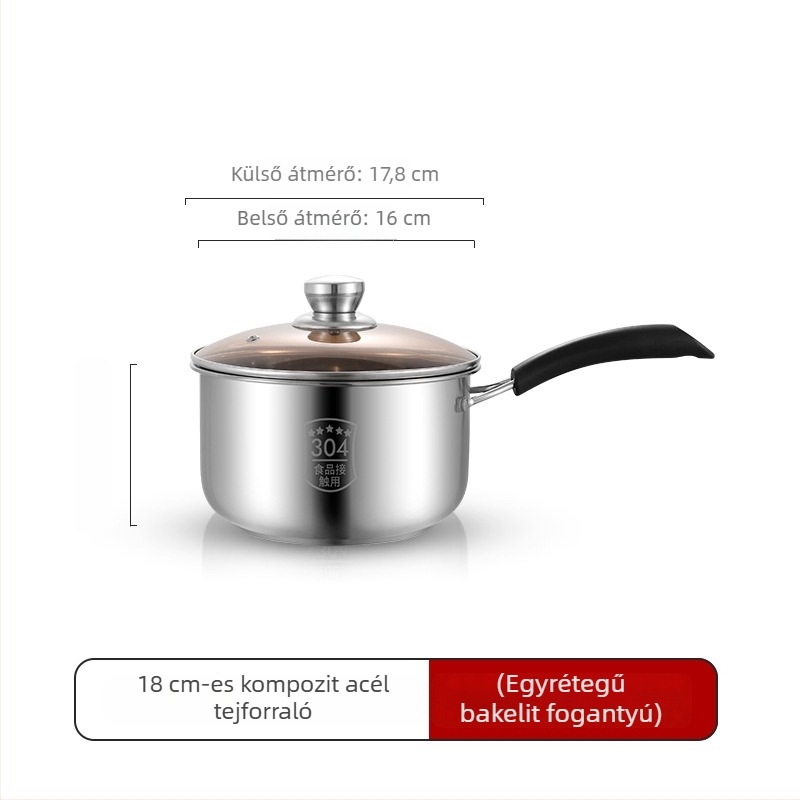 Rozsdamentes acél tejfőző edény, 18 cm, vastag alappal, edzett üvegfedővel, indukciós főzőlaphoz