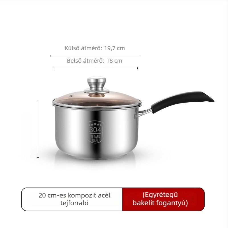 Rozsdamentes acél tejfőző edény, 18 cm, vastag alappal, edzett üvegfedővel, indukciós főzőlaphoz