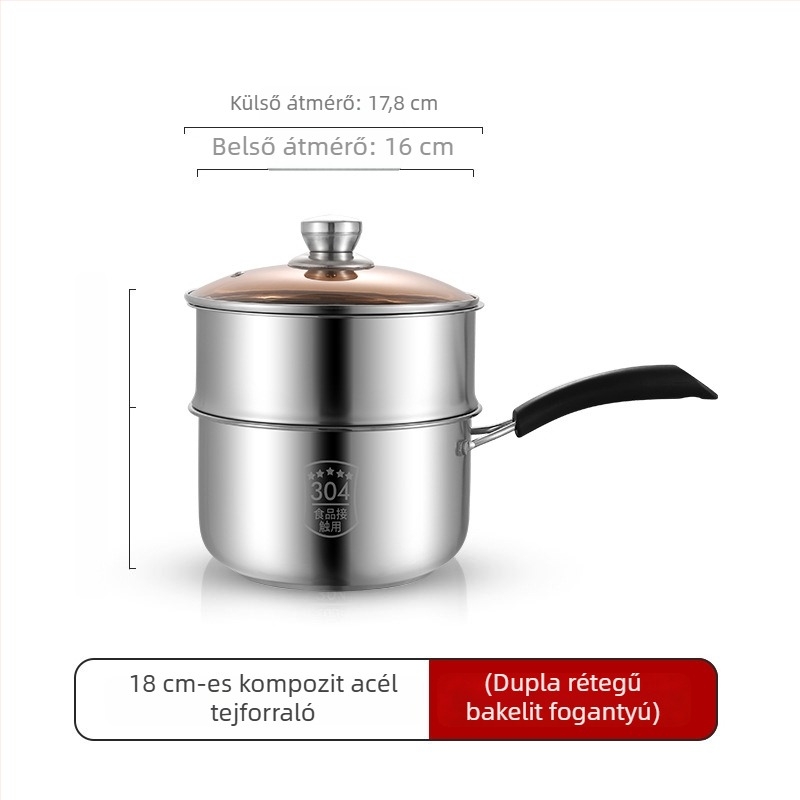 Rozsdamentes acél tejfőző edény, 18 cm, vastag alappal, edzett üvegfedővel, indukciós főzőlaphoz