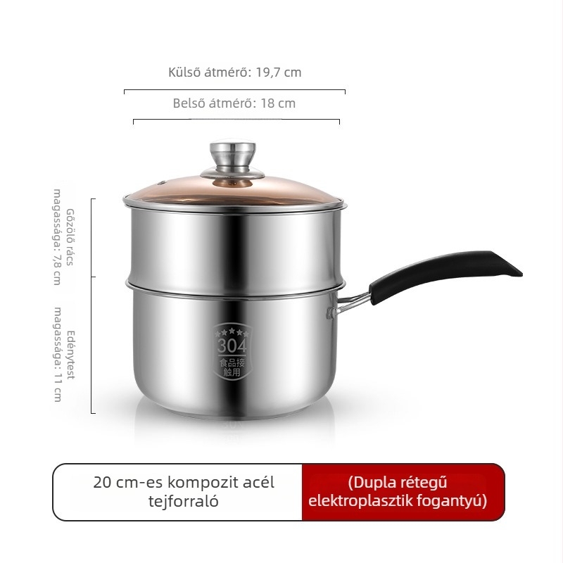 Rozsdamentes acél tejfőző edény, 18 cm, vastag alappal, edzett üvegfedővel, indukciós főzőlaphoz