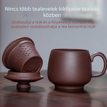 Yixing lila agyagból készült csésze kézzel készített, fedéllel és belső szűrővel, három részes irodai teáskészlet a tea és víz szétválasztásához