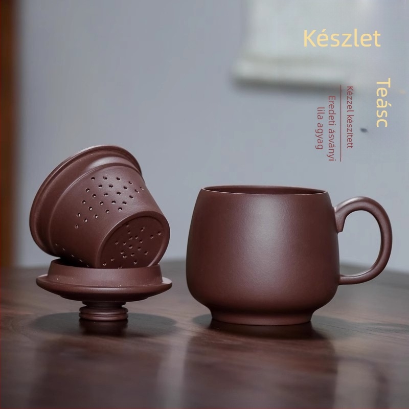 Yixing lila agyagból készült csésze kézzel készített, fedéllel és belső szűrővel, három részes irodai teáskészlet a tea és víz szétválasztásához