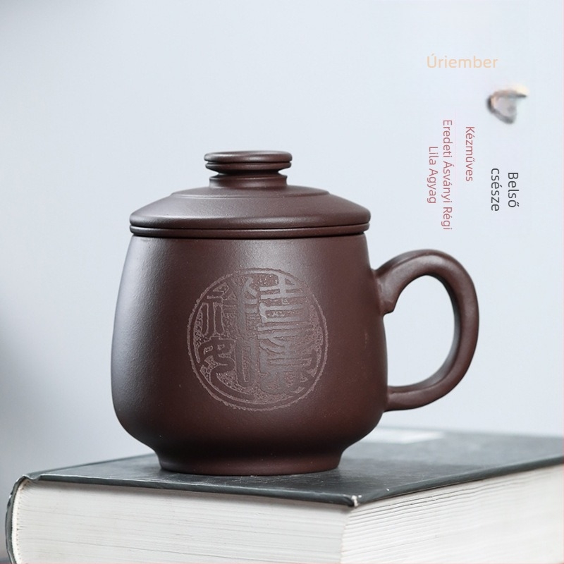 Yixing lila agyagból készült csésze kézzel készített, fedéllel és belső szűrővel, három részes irodai teáskészlet a tea és víz szétválasztásához