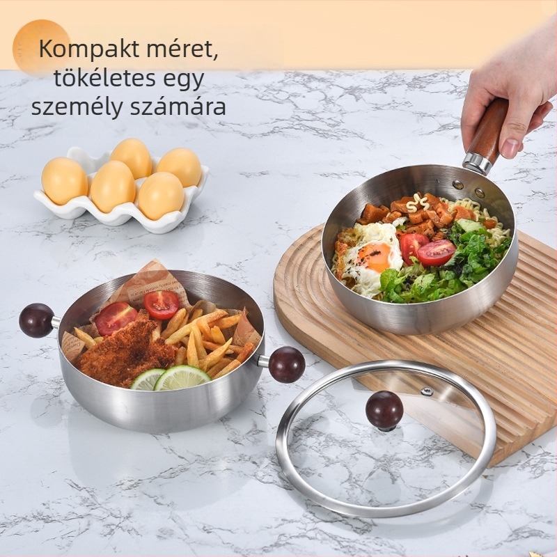 Rozsdamentes acélból készült, többfunkciós főzőedény hőálló fa fogantyúval és üveges fedővel, szószokhoz és gyors ételekhez, bevonat nélkül
