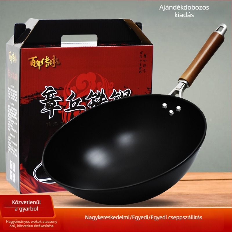 Tradicionális bevonat nélküli wok, kerek alapú, kovácsolt vasból, gáztűzhelyhez, háztartási használatra