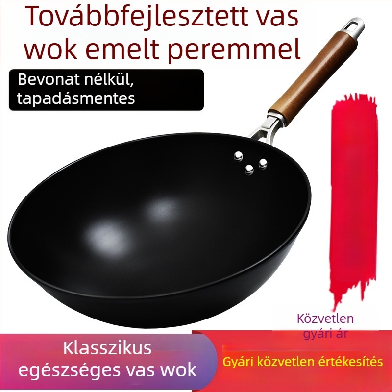 Tradicionális bevonat nélküli wok, kerek alapú, kovácsolt vasból, gáztűzhelyhez, háztartási használatra