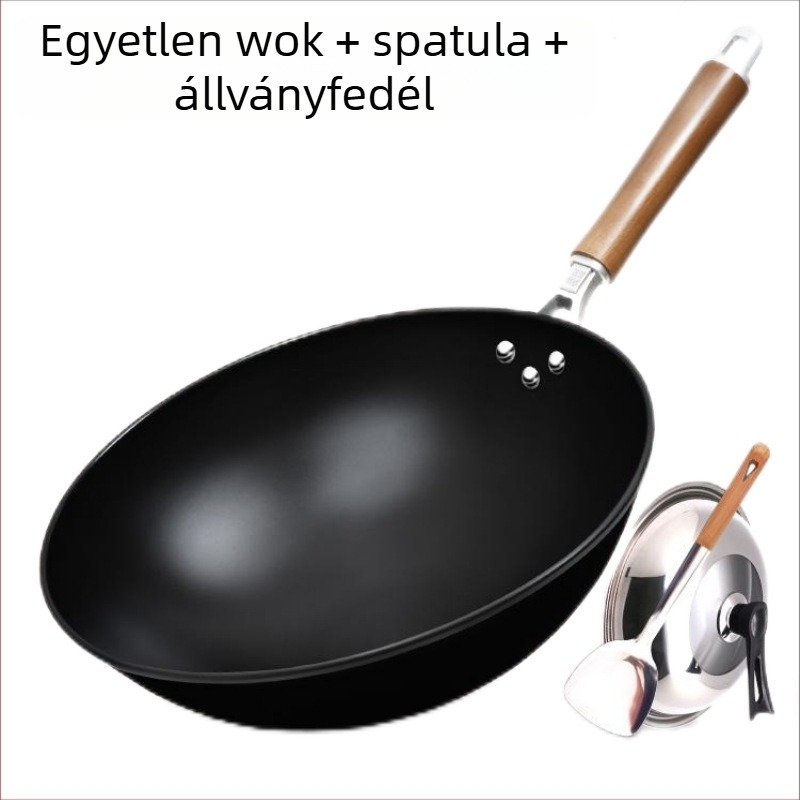 Tradicionális bevonat nélküli wok, kerek alapú, kovácsolt vasból, gáztűzhelyhez, háztartási használatra