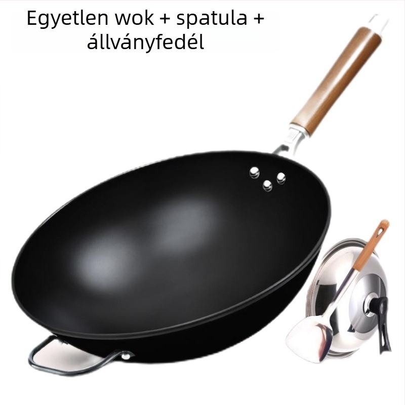 Tradicionális bevonat nélküli wok, kerek alapú, kovácsolt vasból, gáztűzhelyhez, háztartási használatra