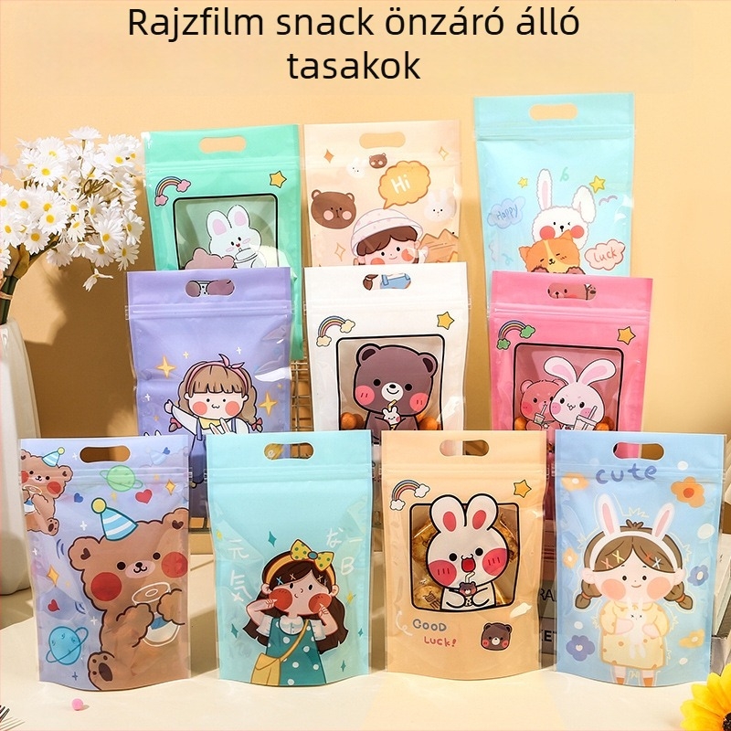 Aranyos rajzfilm témájú élelmiszer-csomagoló zacskók süteményekhez és édességekhez, átlátszó cipzáras álló tasak