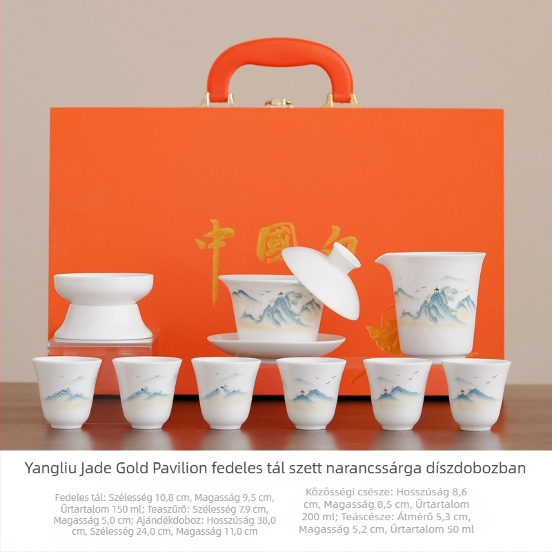 Kiváló minőségű fehér porcelán Kung-Fu teáskészlet táj motívummal, gaiwan-nal, kerámiadobozzal és szuvenírekkel