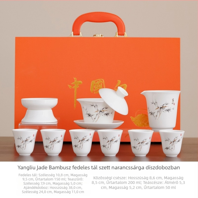 Kiváló minőségű fehér porcelán Kung-Fu teáskészlet táj motívummal, gaiwan-nal, kerámiadobozzal és szuvenírekkel