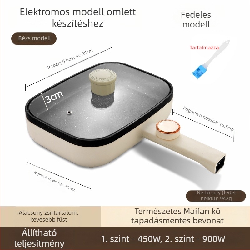 Elektromos tamagoyaki serpenyő, nagy teflonmentes serpenyő, állítható hőmérséklettel omlettekhez, palacsintákhoz és tojásos tekercsekhez