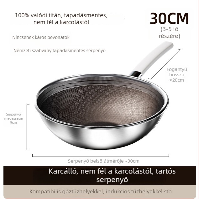 Raktáron: 304 rozsdamentes acél titán serpenyő, otthoni használatra, tapadásmentes, indukciós főzőlapokkal kompatibilis, titán alsó dizájn