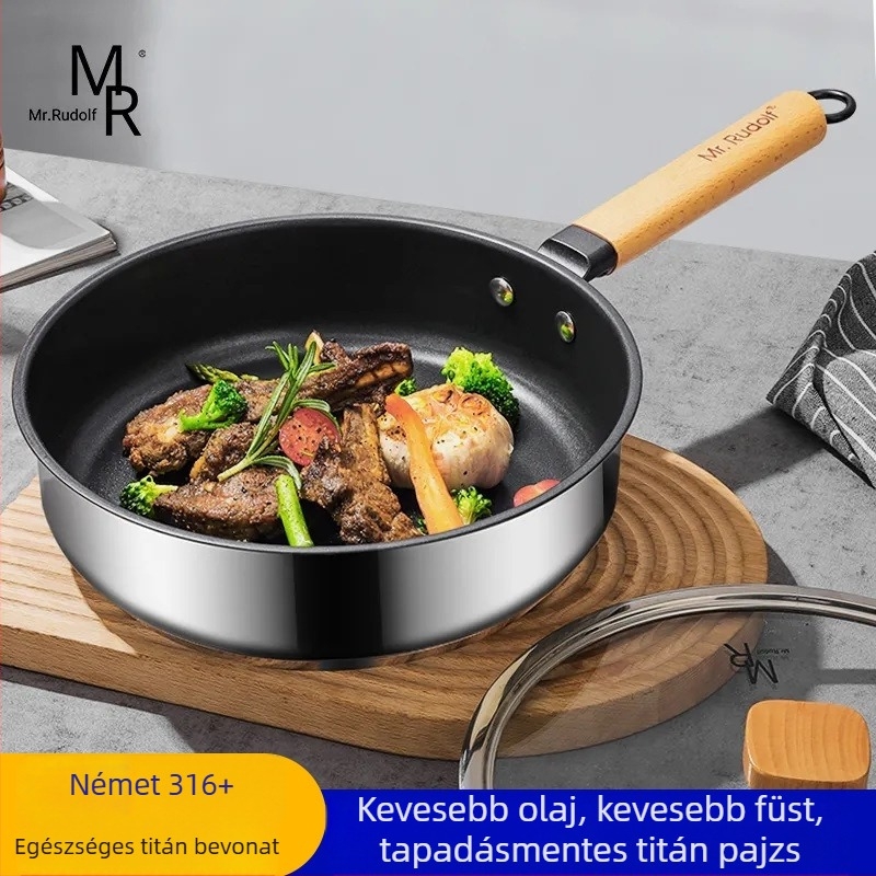 Tapadásmentes serpenyő 316-os rozsdamentes acélból, háztartási használatra, steakhez és tojásokhoz, indukciós és gáztűzhelyhez egyaránt