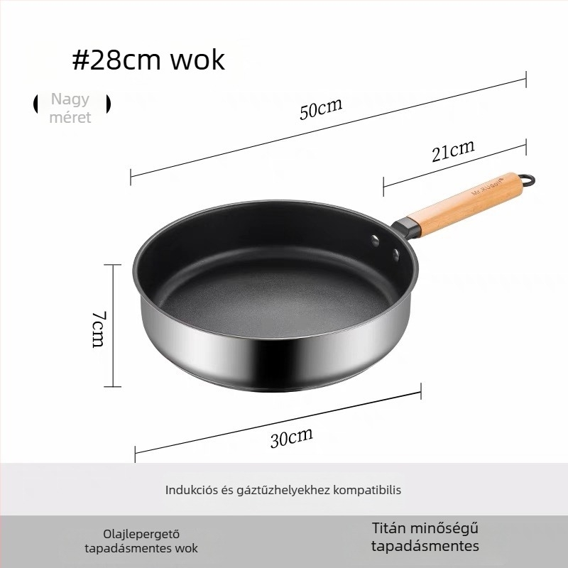Tapadásmentes serpenyő 316-os rozsdamentes acélból, háztartási használatra, steakhez és tojásokhoz, indukciós és gáztűzhelyhez egyaránt