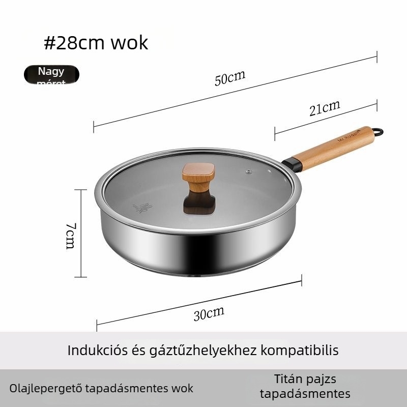 Tapadásmentes serpenyő 316-os rozsdamentes acélból, háztartási használatra, steakhez és tojásokhoz, indukciós és gáztűzhelyhez egyaránt